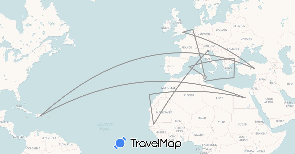 TravelMap itinerary: plane in Bulgaria, Dominican Republic, Egypt, Spain, United Kingdom, Greece, Italy, Netherlands, Senegal, Tunisia, Turkey (Africa, Asia, Europe, North America)